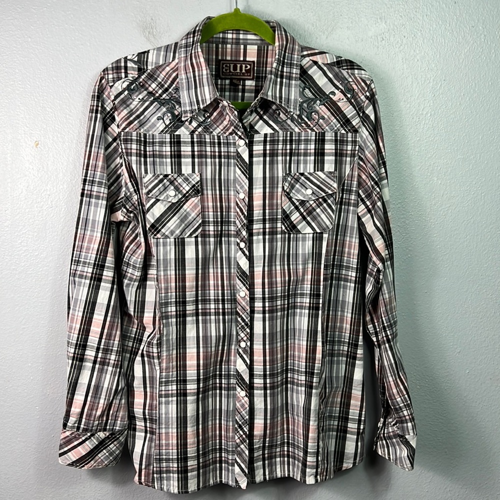 Cowgirl Up Pink and Gray Plaid Embroidered Jeweled Snap Front Shirt XL